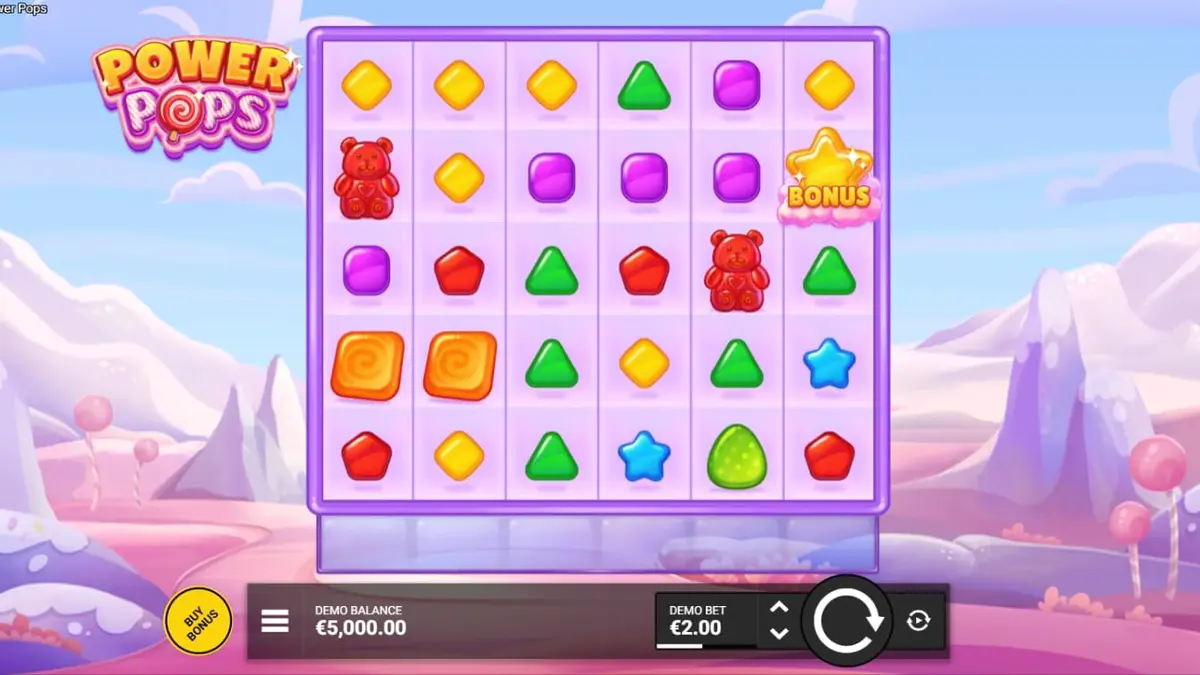 Tampilan visual slot Power Pops dengan tema permen warna-warni