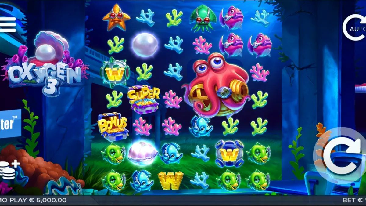 Tampilan visual slot Oxygen 3 dengan tema bawah laut dan reruntuhan futuristik.